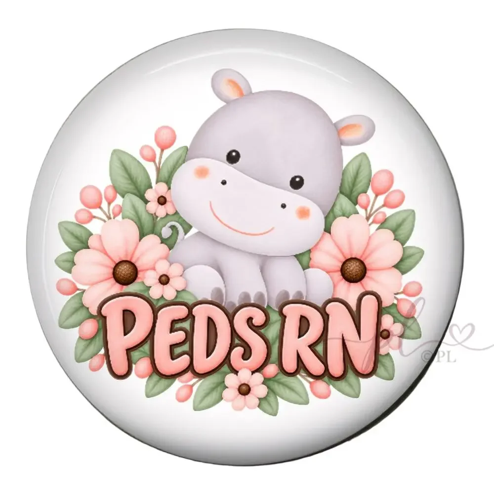 PEDS RN Badge Reel Pediatric Registered Nurse Cute Hippo Floral ID Holder Gift
